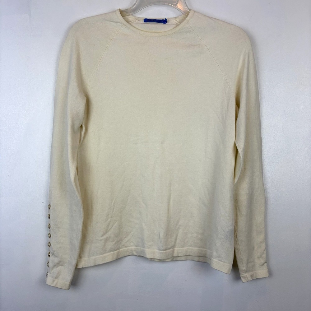 J McLaughlin Sweater Womens Small Ivory Crew Buttons Sleeve Career Old Money